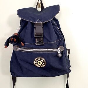 Kipling Backpack Rucksack Nylon Drawstring Pockets Monkey Keychain Blue Medium